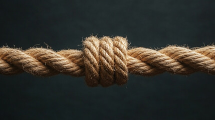 close-up of a fraying rope breaking in the middle, held tightly by two opposing hands. Symbolizes conflict, tension, division, struggle, resilience, or the breaking point in relationships