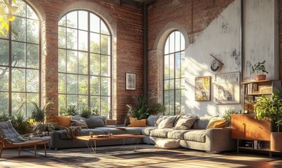 spacious open-plan living room with high ceilings large windows and modern furniture stylish interior design