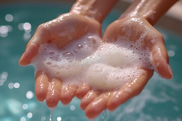 Fototapeta premium A person washing their hands in a pool water, informative and straightforward