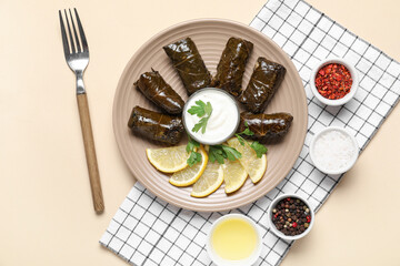Plate with tasty Dolmas (stuffed grape leaves), sour cream and spices on color background