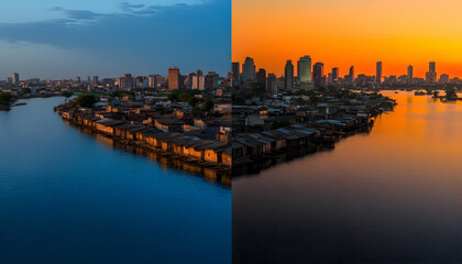 Fototapeta premium Stunning split image showcasing a vibrant city skyline at sunrise/sunset, contrasted with a tranquil waterfront slum. A captivating view of urban development juxtaposed with humble dwellings.