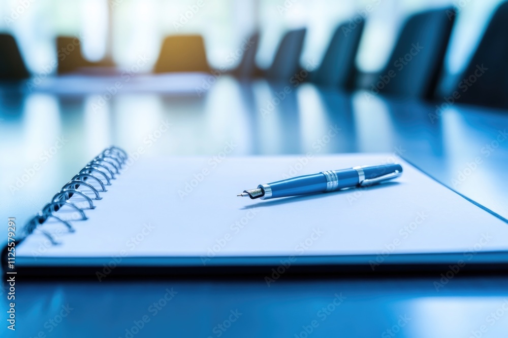 Poster a pen is placed on top of a notebook on a table, ready for use