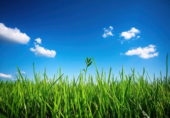 Obraz premium Lush Green Grass with a Clear Blue Sky and Fluffy White Clouds, Symbolizing Freshness, Nature, and the Beauty of a Bright Sunny Day in a Serene Outdoor Setting