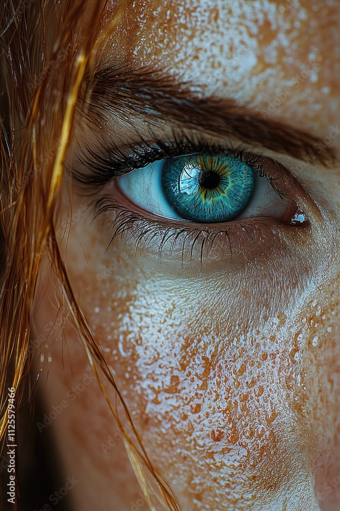 Poster a detailed shot of an individual's eye featuring distinctive freckles, suitable for use in portraits