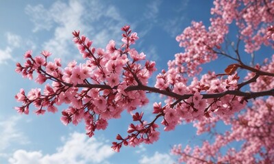 Obraz premium A stunning red tree branch showcasing an abundance of delicate pink blossoms against a blue sky, pink blossoms, trees, red tree branch