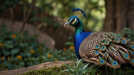 Obraz premium Majestic peacock perched on mossy rock, vibrant plumage.