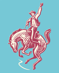 Cowboy rides bucking stallion in rodeo arena. Competition, extreme sport emblem, vector illustration