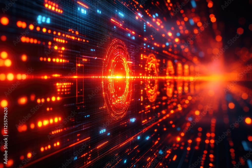 Poster glowing circles on a red and blue gradient background, perfect for futuristic or technological conce