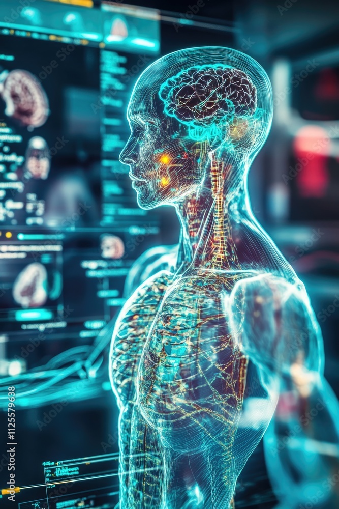 Poster a digital image of a man's head on a computer screen