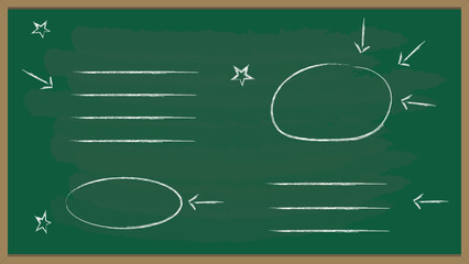 Green blackboard with white chalk-drawn shapes, arrows, lines, and stars, representing a classroom or brainstorming concept © MAHIJO