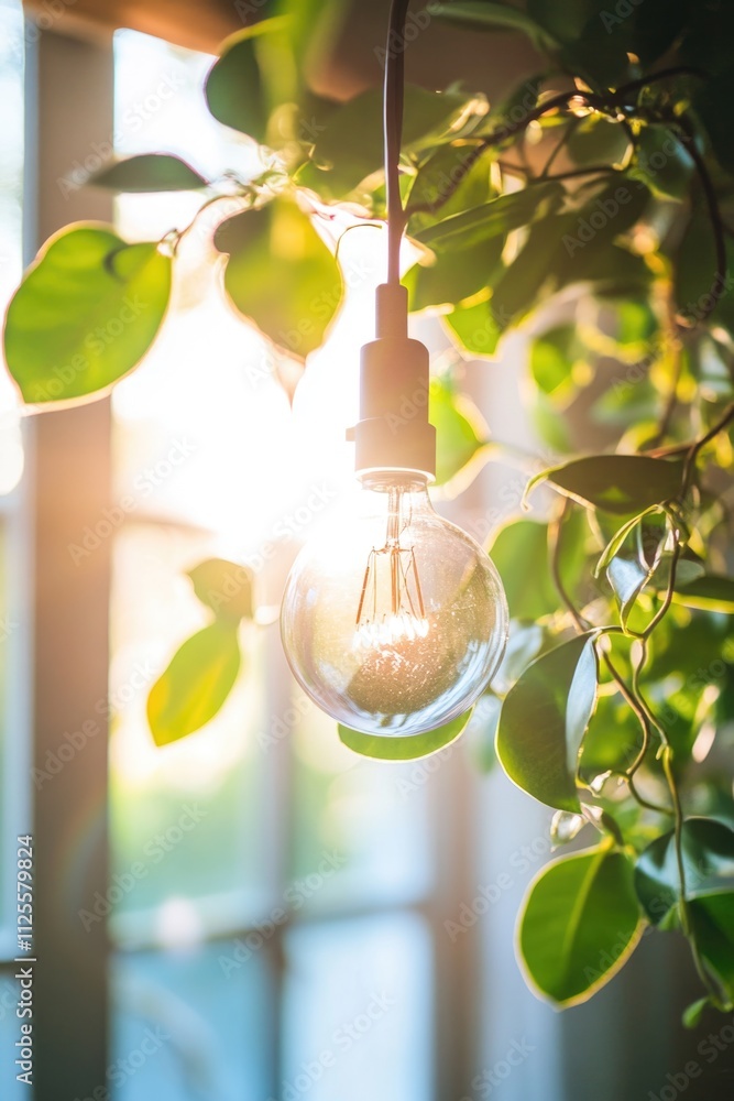 Poster a single light bulb hangs from a tree branch, with the surrounding foliage visible