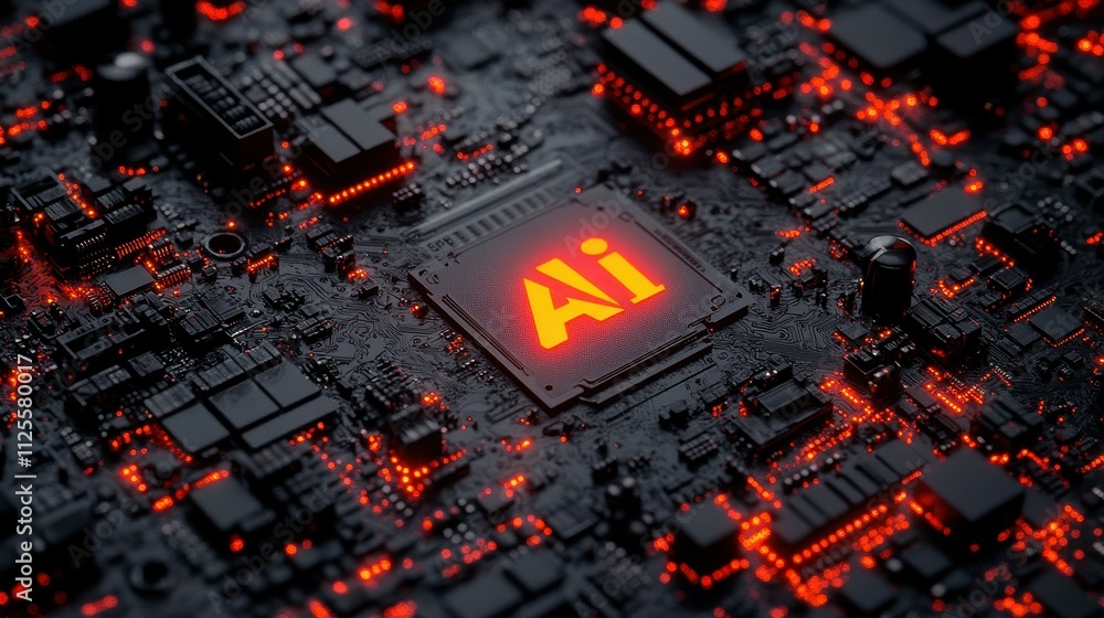 Poster a computer chip with the letters ai on it. the chip is black and red. the image has a futuristic and