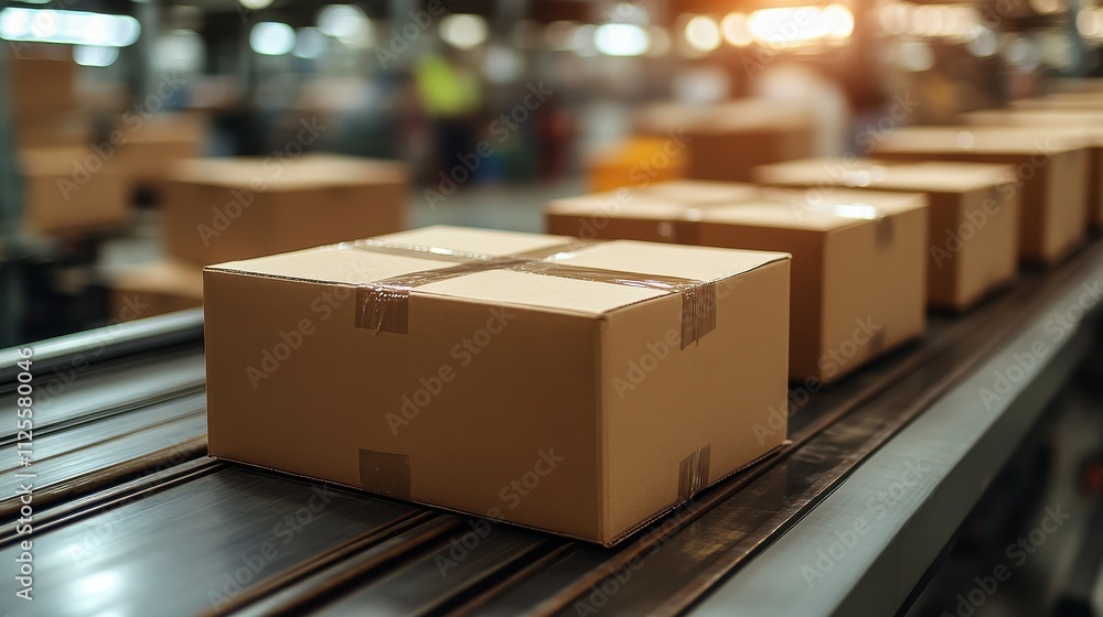 Poster a conveyor belt with boxes on it. the boxes are brown and have tape on them. the boxes are being sor