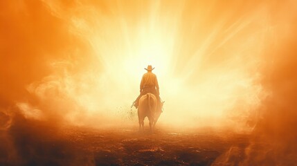 A cowboy riding a horse in a desert. The sun is shining brightly, creating a warm and inviting atmosphere