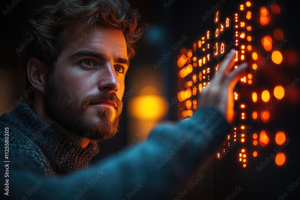 Poster a person with a beard studying a screen or display