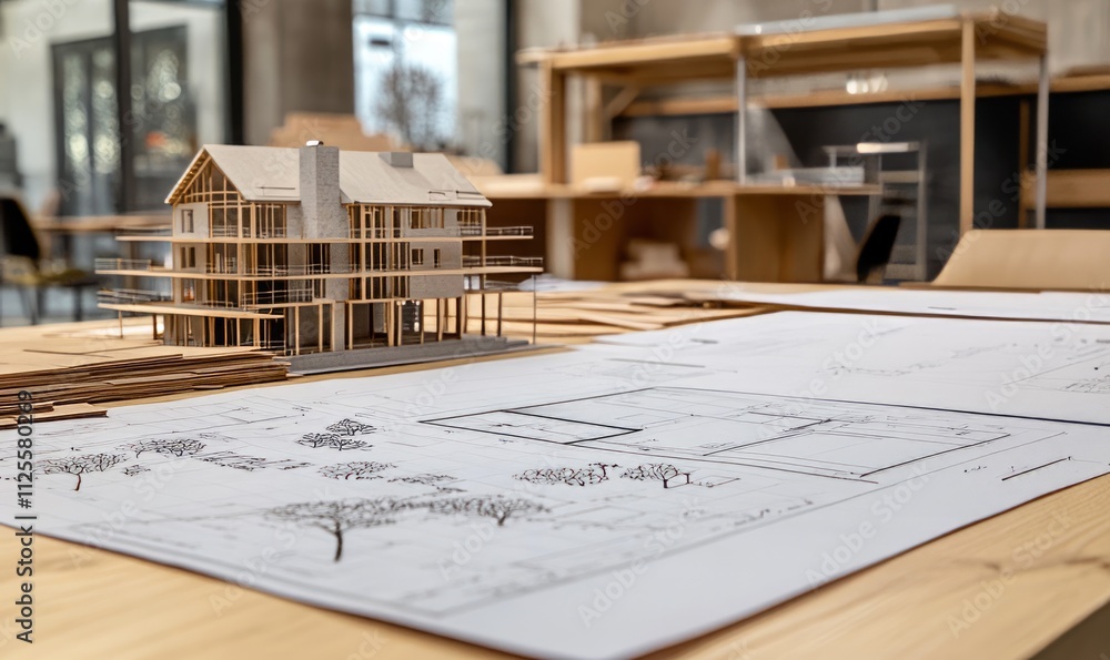 Poster table with architectural design, construction schedule sheets and in the background a residential pr