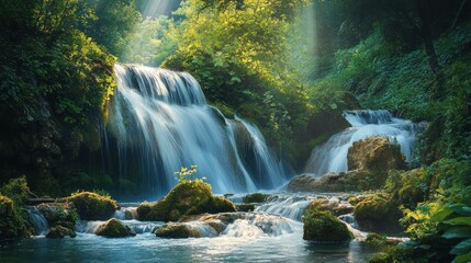 Naklejka premium Serene Waterfall in Lush Forest: A Tranquil Escape
