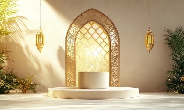 Featuring a cylindrical product podium, arched window, and golden lantern decor, this Ramadan banner template radiates sophistication and elegance.