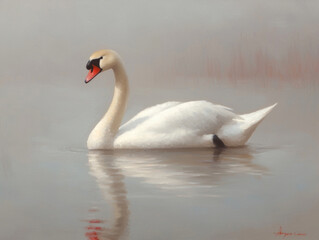 Obraz premium Animal kingdom rendering. graceful swan gliding across misty lake at dawn, creating serene atmosphere. soft reflections in water enhance tranquil scene
