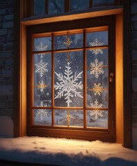 Snowflake-covered windowpane with a warm glow, soft light, cozy scene, snowflakes
