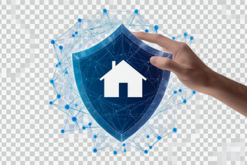 Hand holding shield with house icon representing home security and network protection