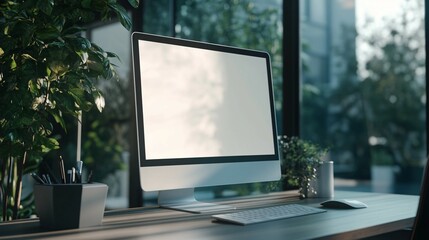 Fototapeta premium Modern Desktop Computer Workspace With Plants