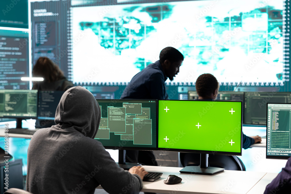 Poster governmental hackers using green screen in performing cyber security monitoring and threat detection