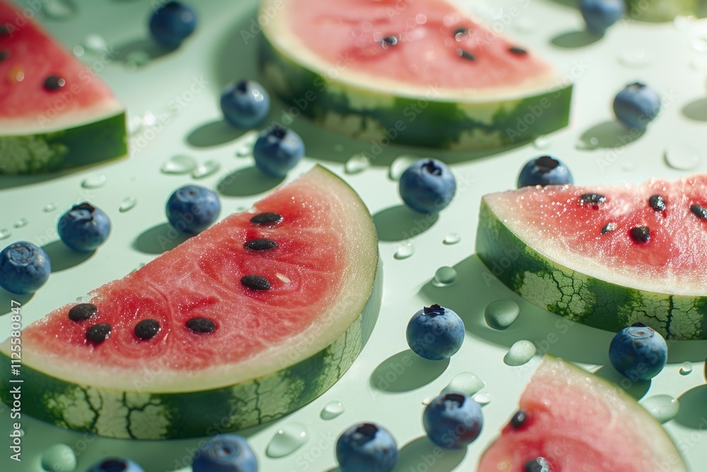 Poster fresh watermelon and blueberries arranged on a table for snacking or decoration