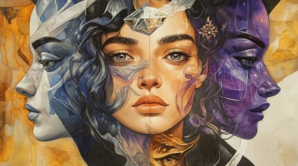 A surreal portrait of a woman with three faces, each with a unique color palette and texture, symbolizing different aspects of her personality or identity.