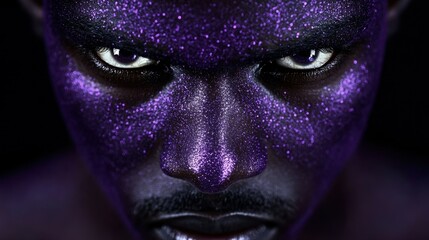 A man with purple face paint and a black beard. The man has a look of anger on his face