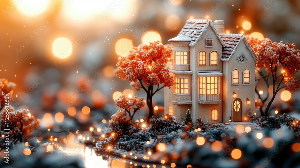 Poster a small house with a tree in front of it is lit up with lights. the house is surrounded by a snowy l