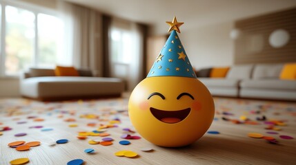 A smiling emoji with a party hat on top of a pile of confetti. Scene is festive and joyful