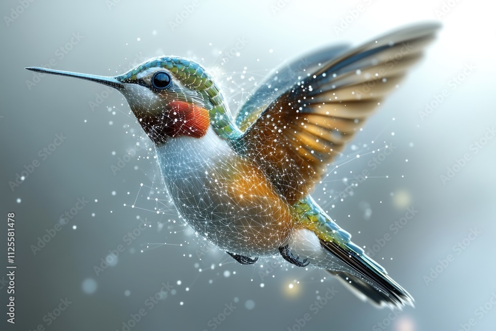 Poster a hummingbird in flight above snow-covered terrain, potential for use in winter-themed designs or na