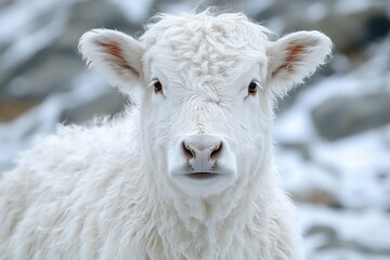 Fototapeta premium A close-up shot of a white cow standing in the snow, its fur and breath visible