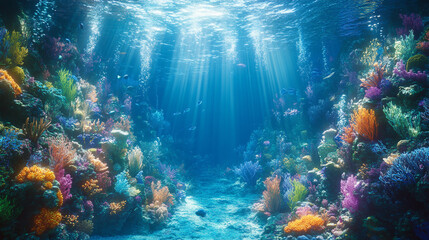 Fototapeta premium mesmerizing underwater scene showcasing the vastness of the deep sea. The sunlight pierces the azure abyss, symbolizing hope, mystery, and the unknown in a serene aquatic realm