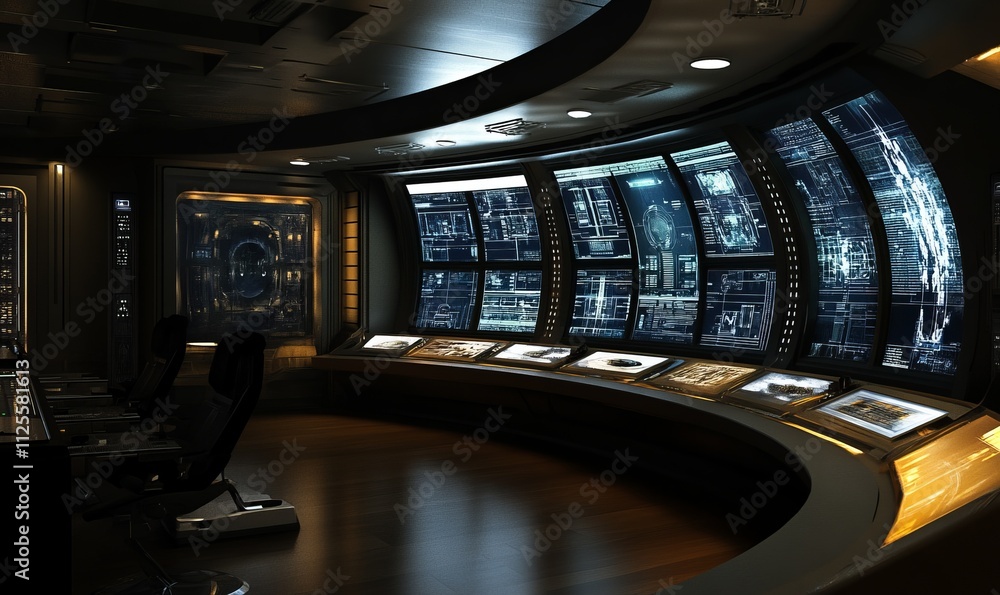 Poster the space is relatively dark, with a curved screen that displays the process of the image and a sens