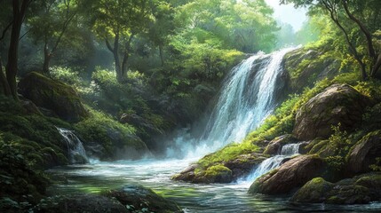 Serene Waterfall in Lush Green Forest