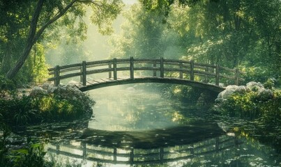 Fototapeta premium rustic wooden bridge crossing over a tranquil river surrounded by lush forest peaceful landscape