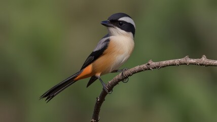 A small bird with a striking color pattern, perched on a twig against a blurred natural backdrop.