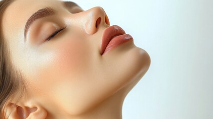 A woman with a white background and a smiling face. She has a light makeup and her eyes are closed