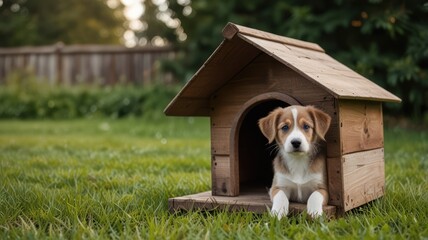 Adorable puppy resting inside a small wooden dog house in a grassy yard.