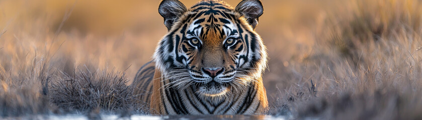 Naklejka premium Animal kingdom rendering. Intense closeup of tiger piercing eyes, showcasing its fierce beauty in natural setting. golden light enhances striking features of this majestic animal