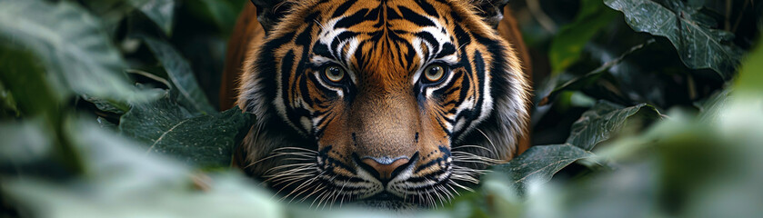 Obraz premium Animal kingdom rendering. Intense closeup of tiger piercing eyes amidst lush green foliage, showcasing its powerful presence and fierce gaze