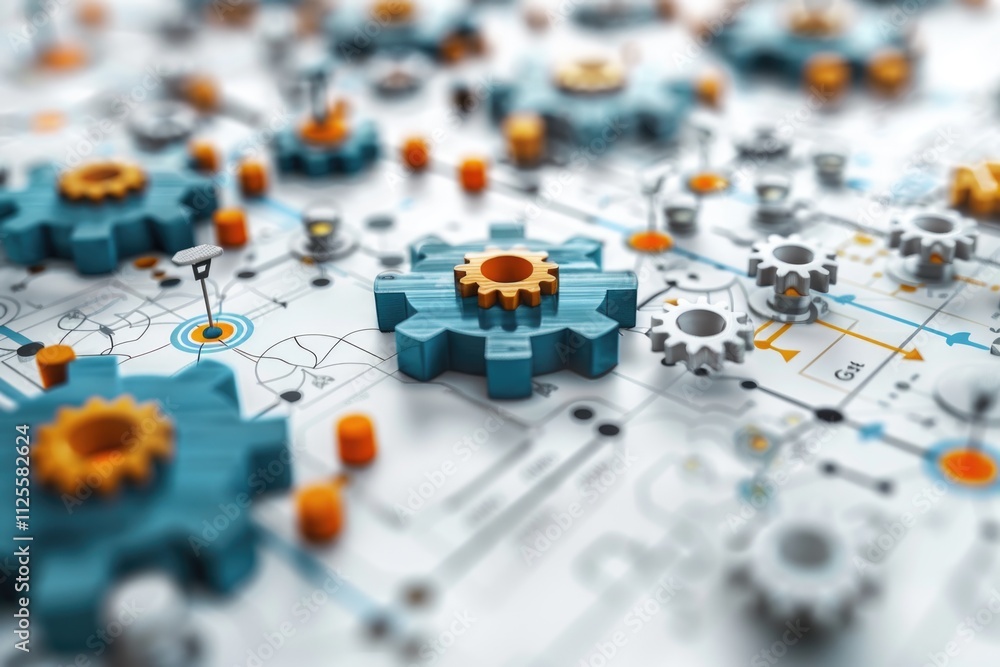 Poster close-up view of gears on a map, perfect for use in illustrations about mechanics, engineering or te
