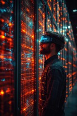 Fototapeta premium A person wearing a virtual reality headset in a modern data center environment
