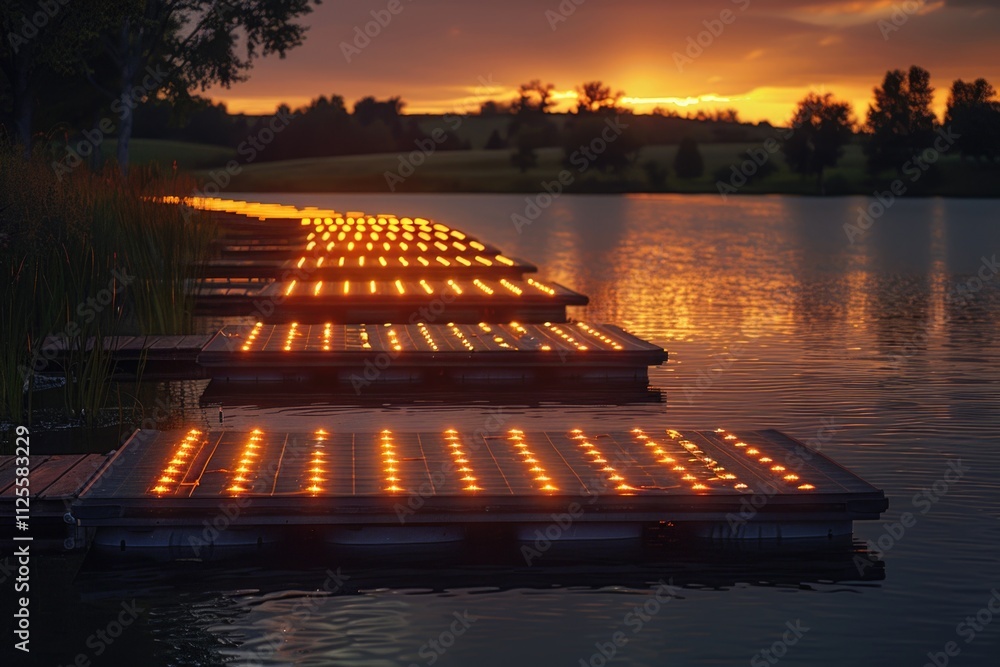 Poster A row of floating lights on the surface of the water, perfect for use in illustrations about relaxation, calmness, or peaceful environments