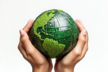 A person grasping a green globe, ideal for representing environmental awareness or eco-friendly...