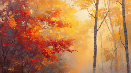 Sunrise casts golden glow on misty autumn woods, highlighting red, orange, and yellow leaves