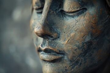 A detailed view of a female figure's face on a statue, suitable for use in art or historical context