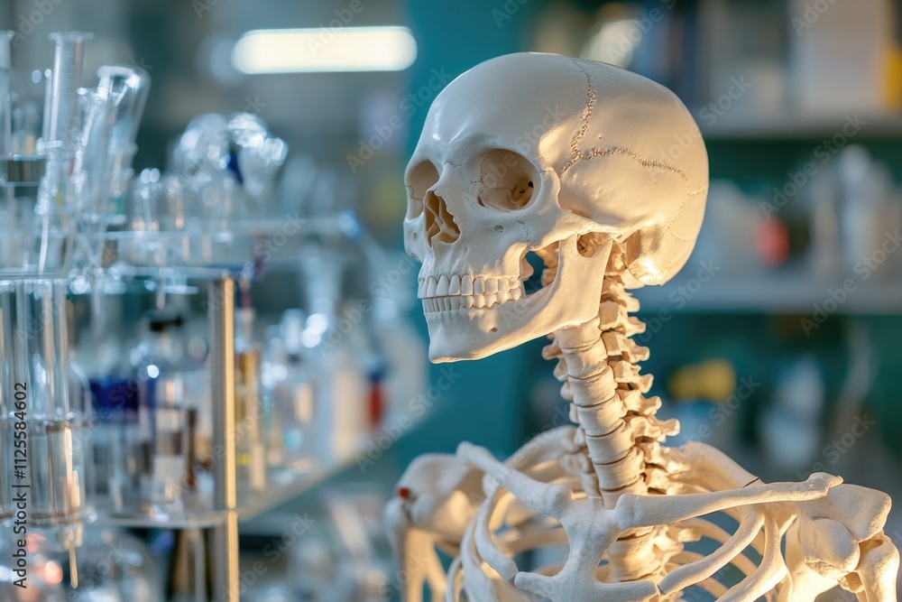 Poster anatomical model of a human skeleton displayed in a laboratory setting, suitable for educational or 